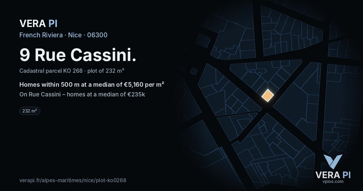 9 Rue Cassini, Nice at night – the plot lit, the parcels around coloured by the prices near them