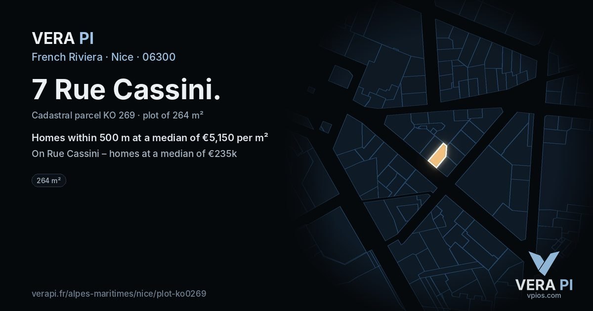 7 Rue Cassini, Nice at night – the plot lit, the parcels around coloured by the prices near them