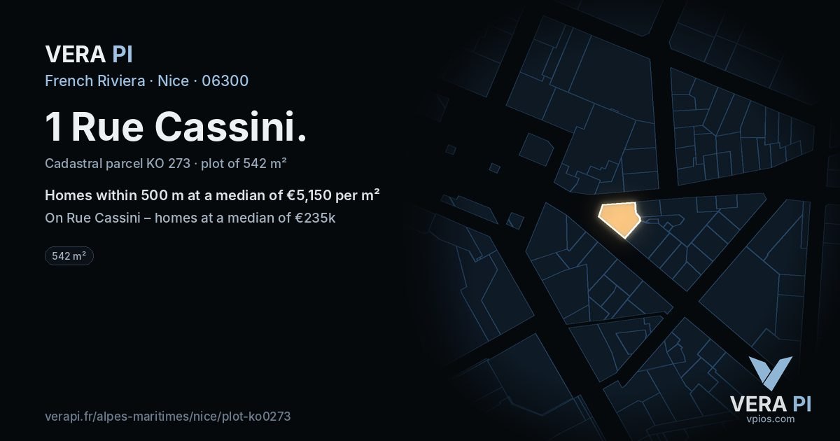 1 Rue Cassini, Nice at night – the plot lit, the parcels around coloured by the prices near them