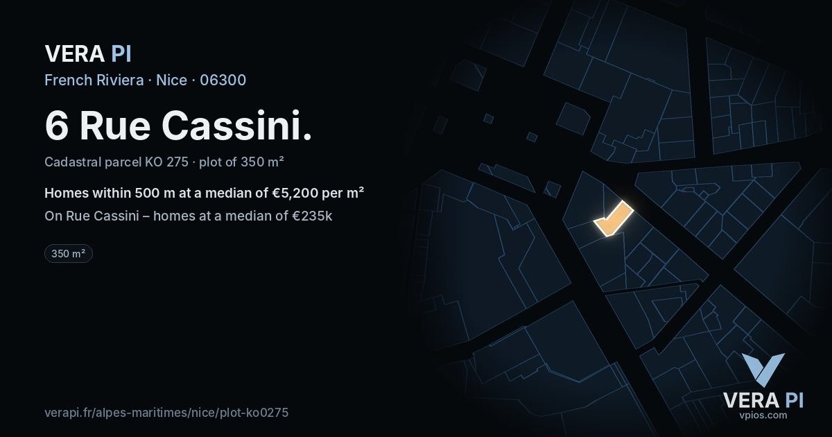 6 Rue Cassini, Nice at night – the plot lit, the parcels around coloured by the prices near them