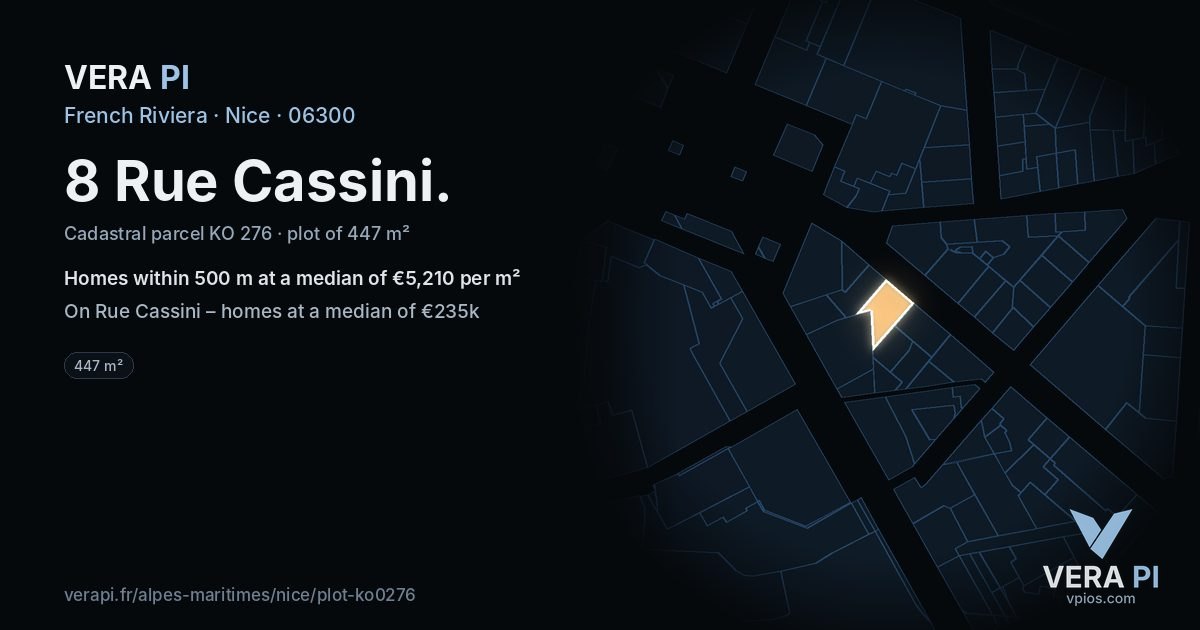 8 Rue Cassini, Nice at night – the plot lit, the parcels around coloured by the prices near them
