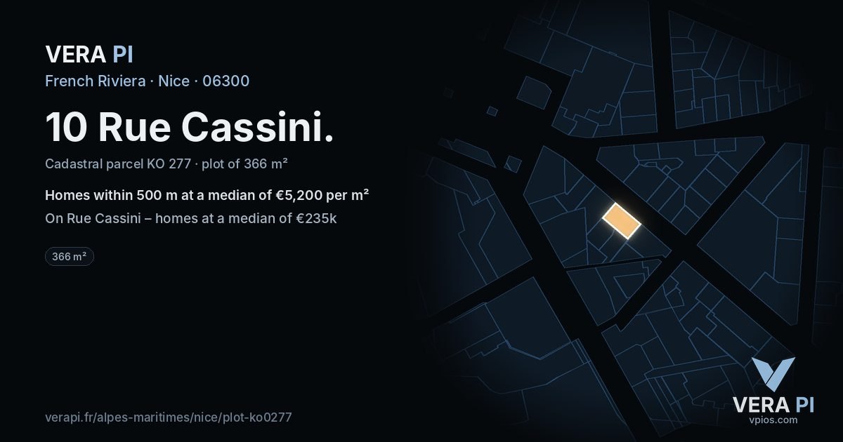 10 Rue Cassini, Nice at night – the plot lit, the parcels around coloured by the prices near them