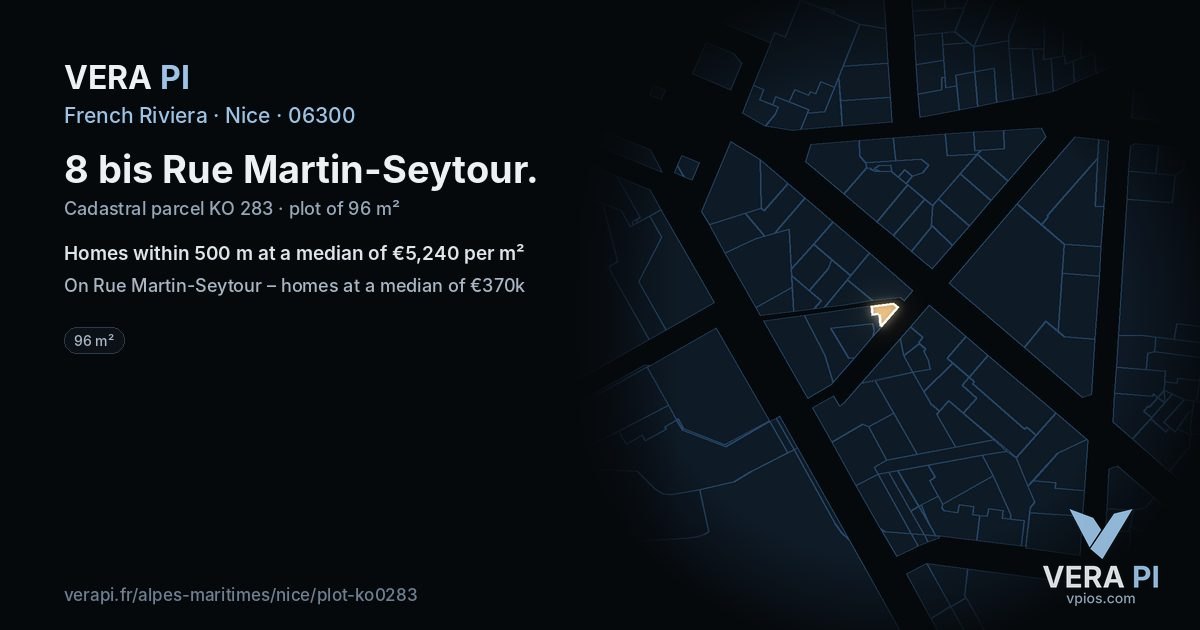 8 bis Rue Martin-Seytour, Nice at night – the plot lit, the parcels around coloured by the prices near them
