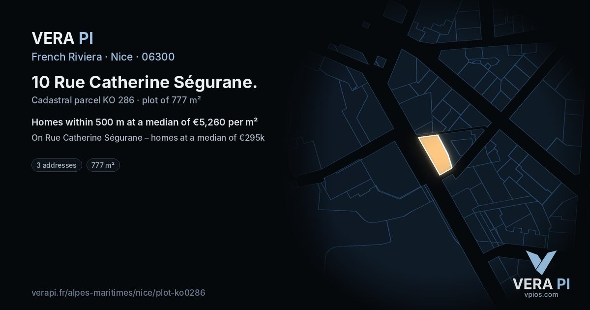 10 Rue Catherine Ségurane, Nice at night – the plot lit, the parcels around coloured by the prices near them