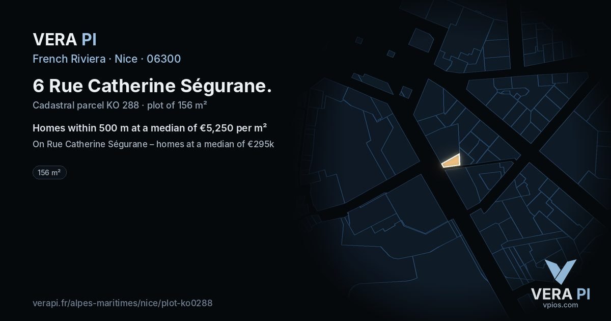 6 Rue Catherine Ségurane, Nice at night – the plot lit, the parcels around coloured by the prices near them