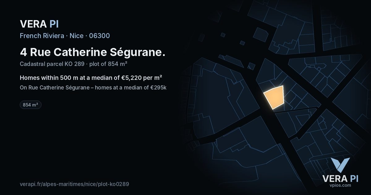 4 Rue Catherine Ségurane, Nice at night – the plot lit, the parcels around coloured by the prices near them