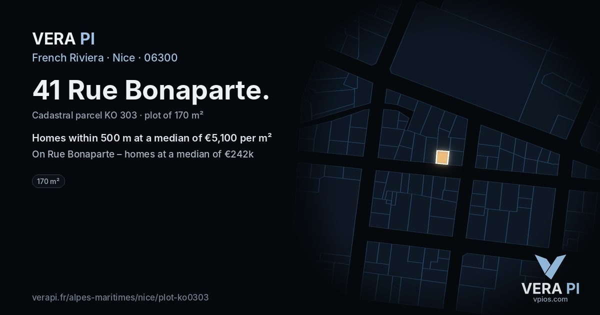41 Rue Bonaparte, Nice at night – the plot lit, the parcels around coloured by the prices near them