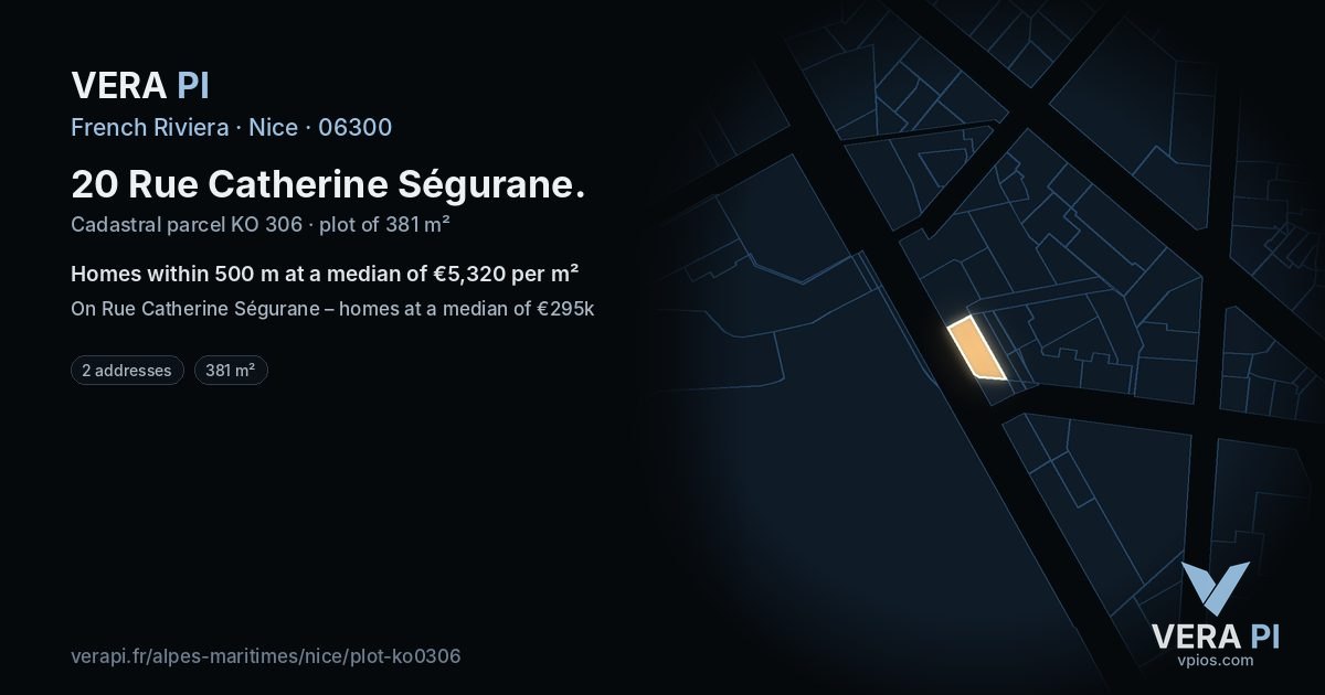 20 Rue Catherine Ségurane, Nice at night – the plot lit, the parcels around coloured by the prices near them
