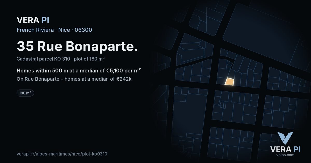 35 Rue Bonaparte, Nice at night – the plot lit, the parcels around coloured by the prices near them