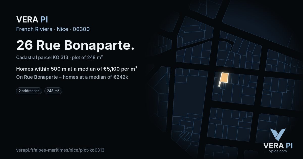 26 Rue Bonaparte, Nice at night – the plot lit, the parcels around coloured by the prices near them