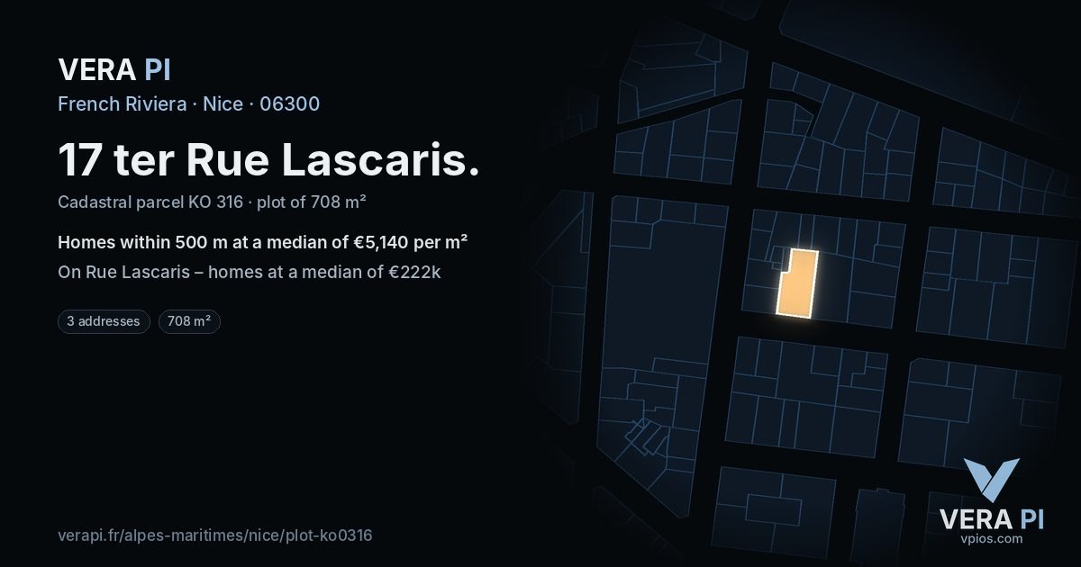 17 ter Rue Lascaris, Nice at night – the plot lit, the parcels around coloured by the prices near them