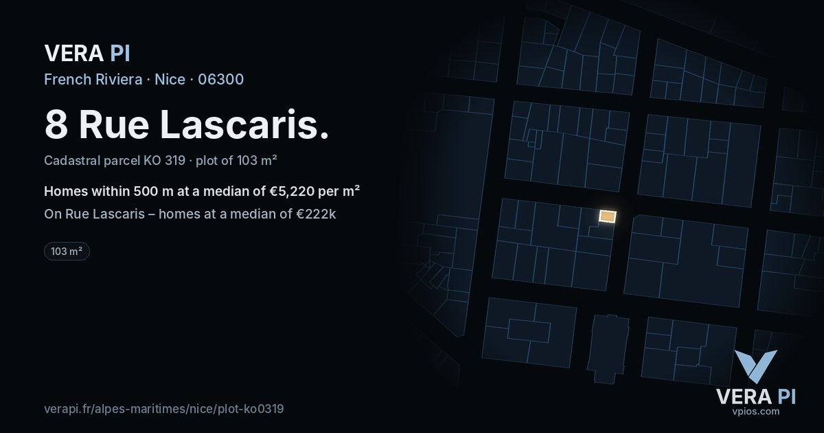 8 Rue Lascaris, Nice at night – the plot lit, the parcels around coloured by the prices near them