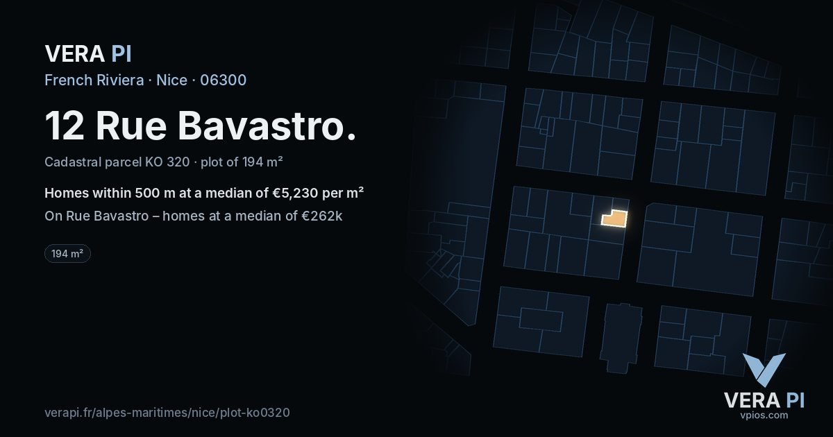 12 Rue Bavastro, Nice at night – the plot lit, the parcels around coloured by the prices near them