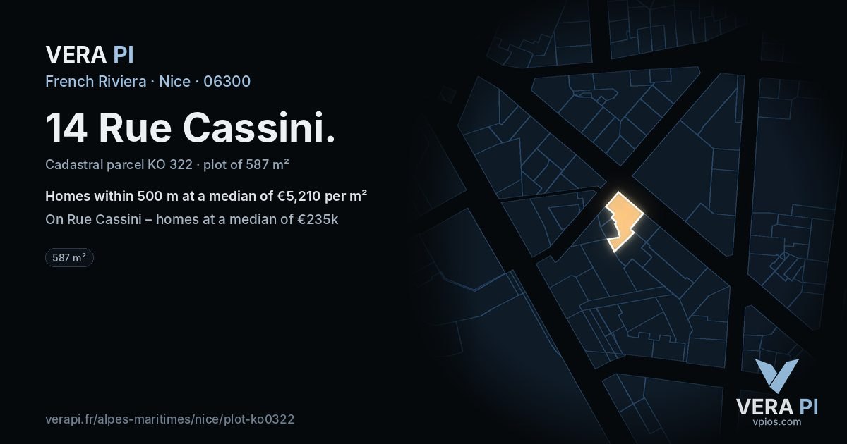 14 Rue Cassini, Nice at night – the plot lit, the parcels around coloured by the prices near them