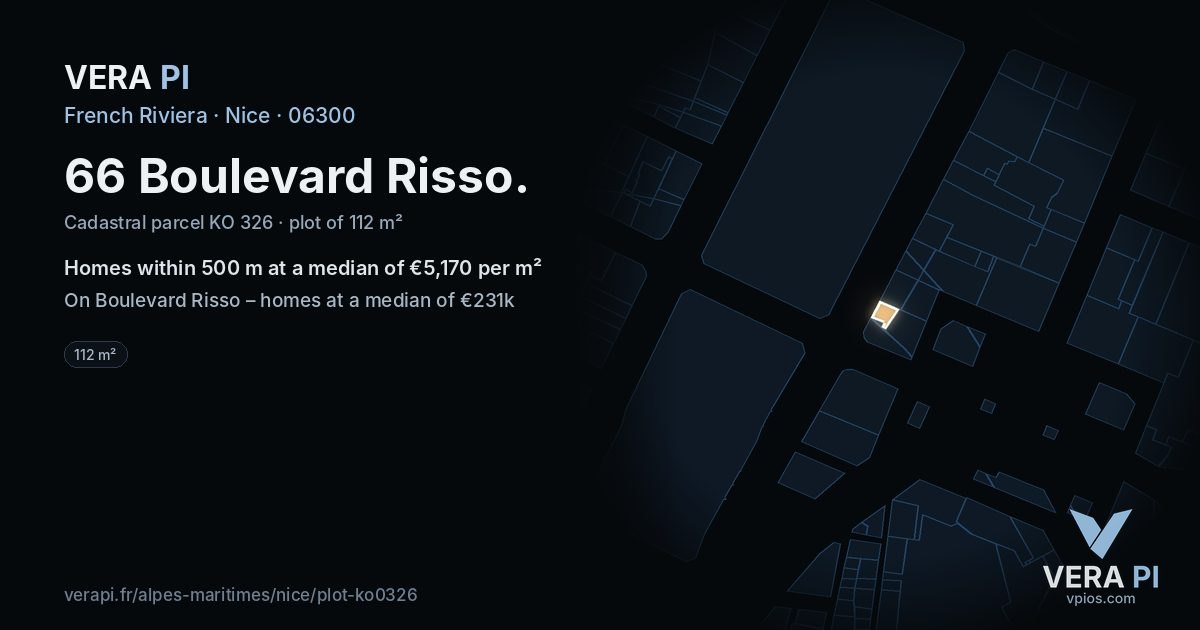 66 Boulevard Risso, Nice at night – the plot lit, the parcels around coloured by the prices near them