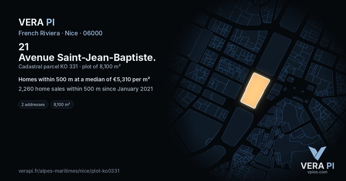 21 Avenue Saint-Jean-Baptiste, Nice at night – the plot lit, the parcels around coloured by the prices near them