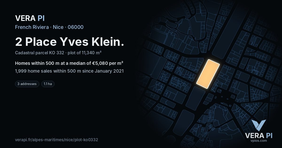 2 Place Yves Klein, Nice at night – the plot lit, the parcels around coloured by the prices near them