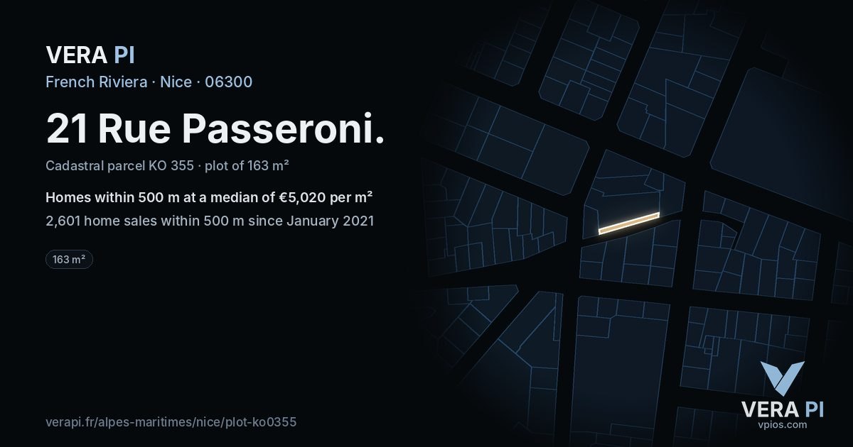 21 Rue Passeroni, Nice at night – the plot lit, the parcels around coloured by the prices near them