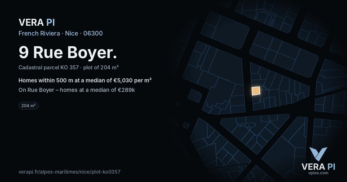 9 Rue Boyer, Nice at night – the plot lit, the parcels around coloured by the prices near them