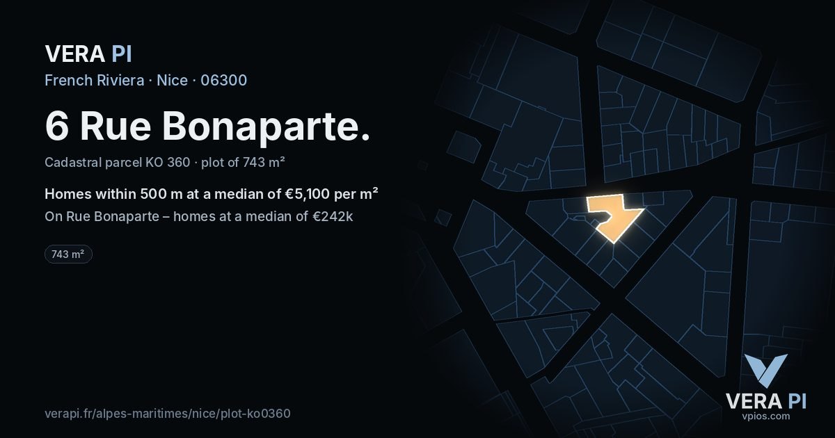 6 Rue Bonaparte, Nice at night – the plot lit, the parcels around coloured by the prices near them