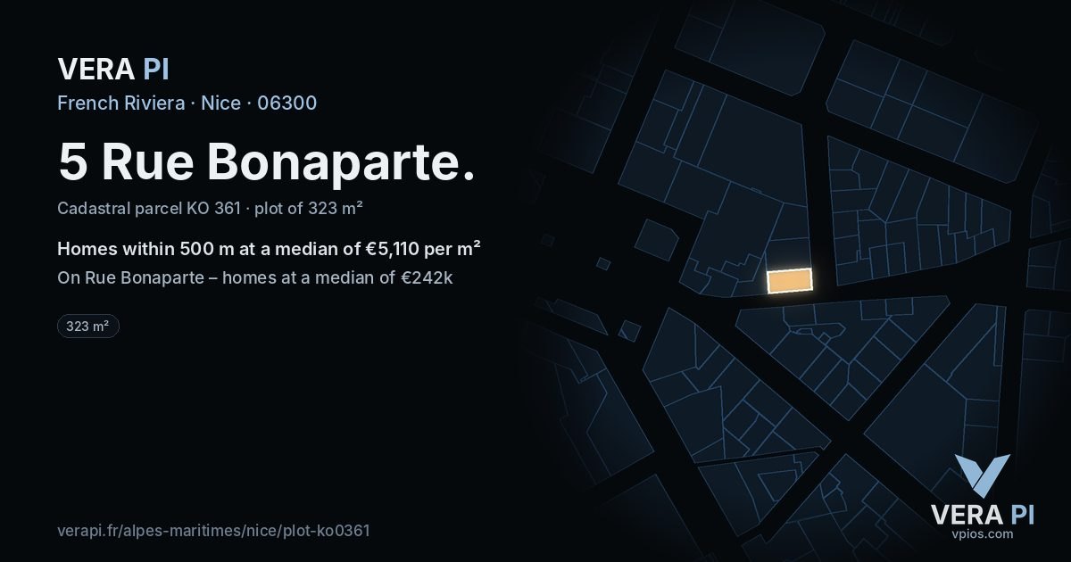 5 Rue Bonaparte, Nice at night – the plot lit, the parcels around coloured by the prices near them