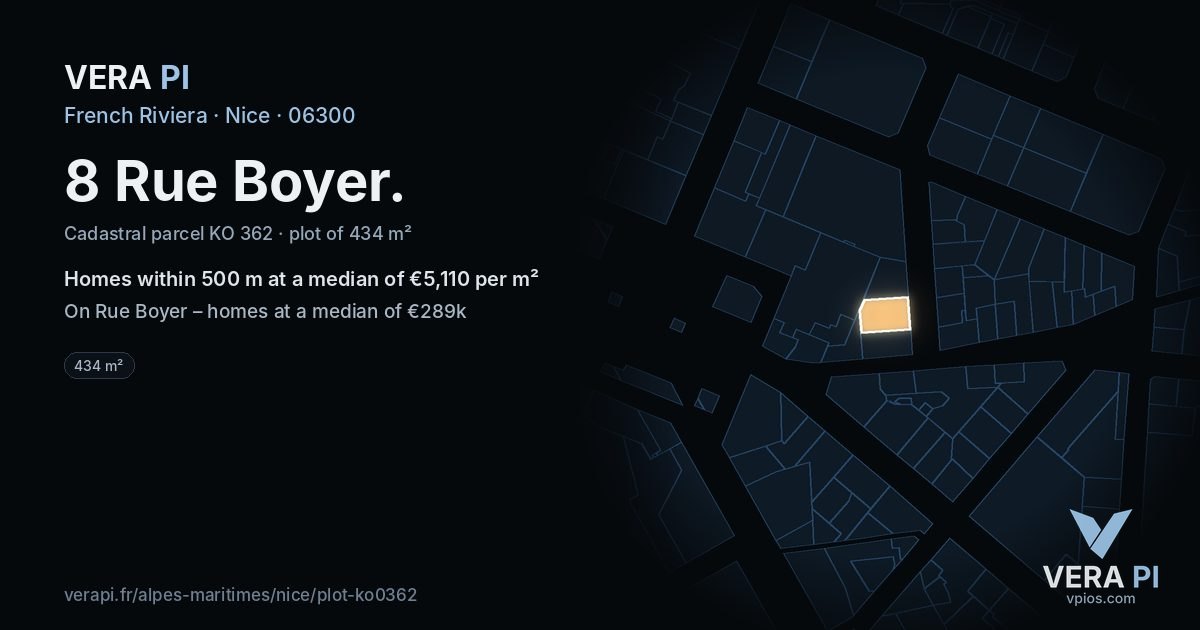 8 Rue Boyer, Nice at night – the plot lit, the parcels around coloured by the prices near them