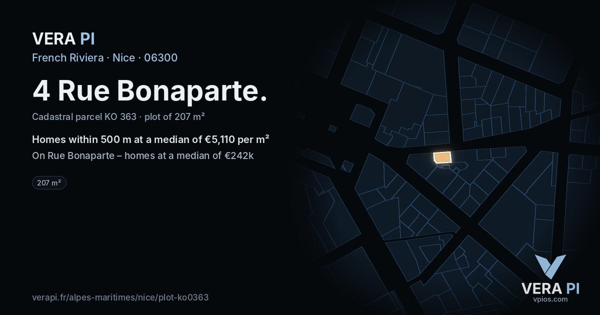 4 Rue Bonaparte, Nice at night – the plot lit, the parcels around coloured by the prices near them