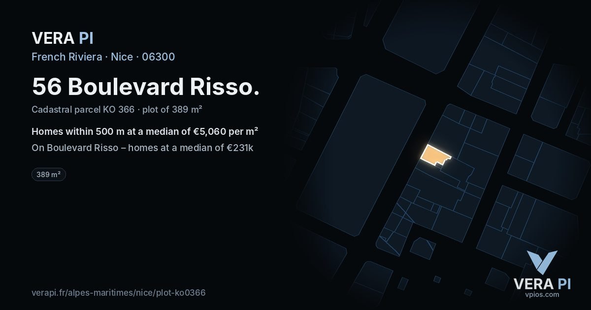 56 Boulevard Risso, Nice at night – the plot lit, the parcels around coloured by the prices near them