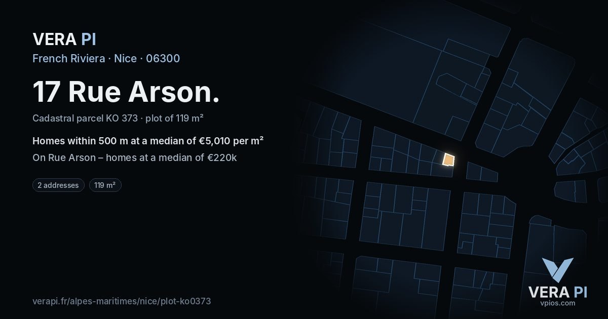 17 Rue Arson, Nice at night – the plot lit, the parcels around coloured by the prices near them