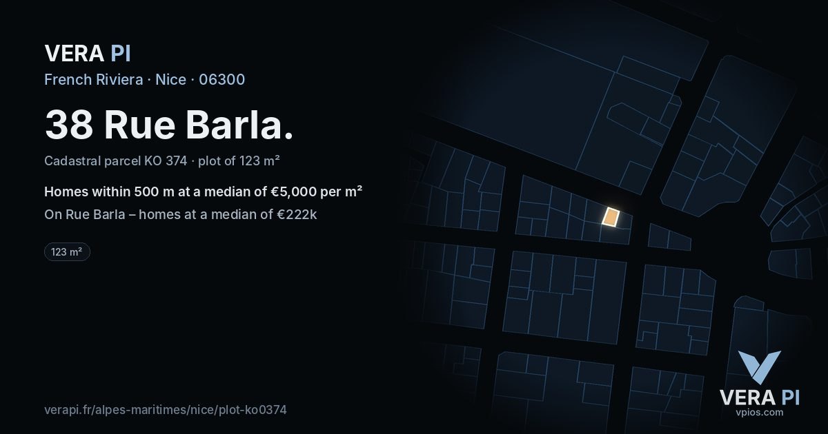 38 Rue Barla, Nice at night – the plot lit, the parcels around coloured by the prices near them