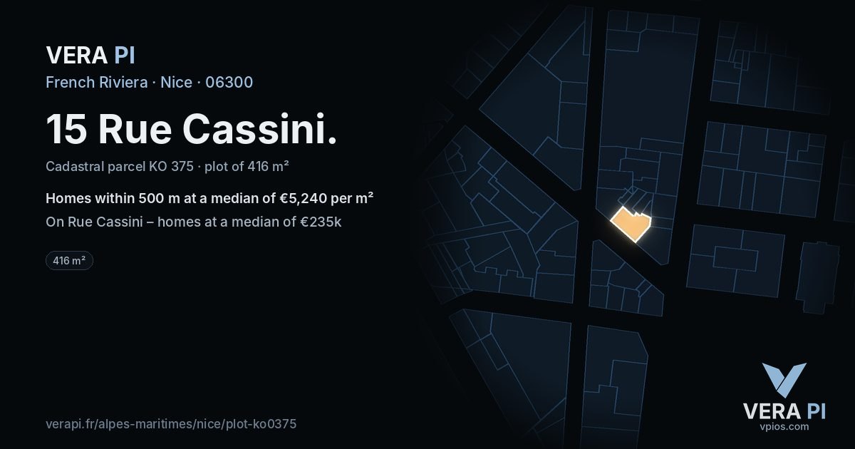 15 Rue Cassini, Nice at night – the plot lit, the parcels around coloured by the prices near them
