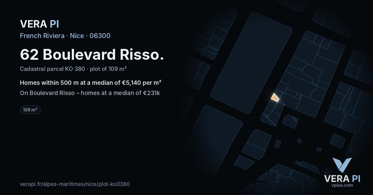62 Boulevard Risso, Nice at night – the plot lit, the parcels around coloured by the prices near them