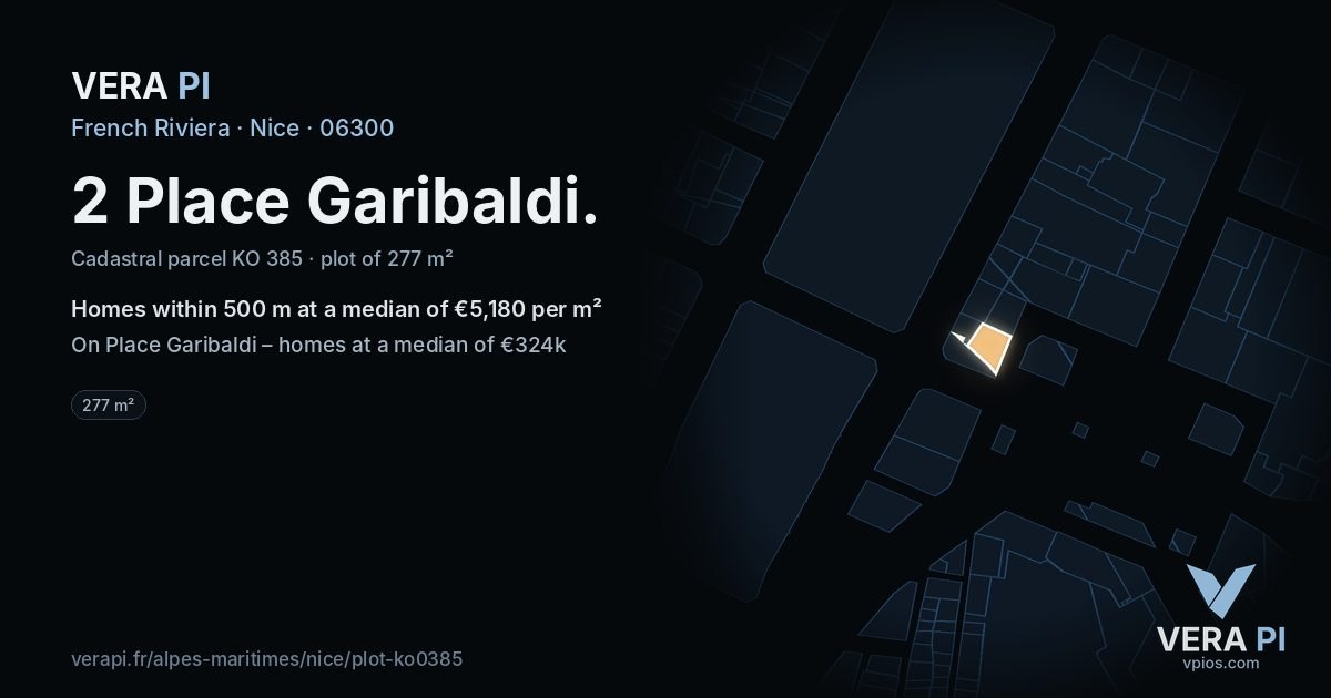2 Place Garibaldi, Nice at night – the plot lit, the parcels around coloured by the prices near them