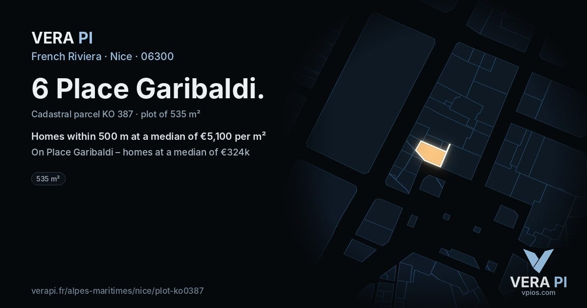 6 Place Garibaldi, Nice at night – the plot lit, the parcels around coloured by the prices near them
