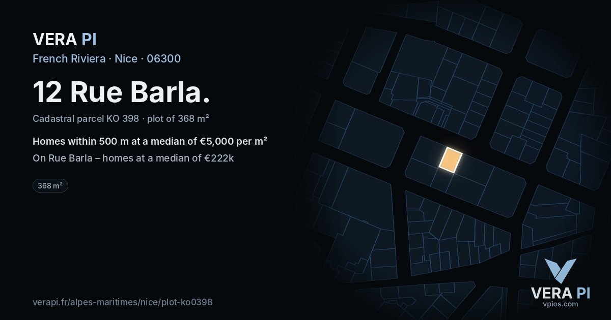 12 Rue Barla, Nice at night – the plot lit, the parcels around coloured by the prices near them