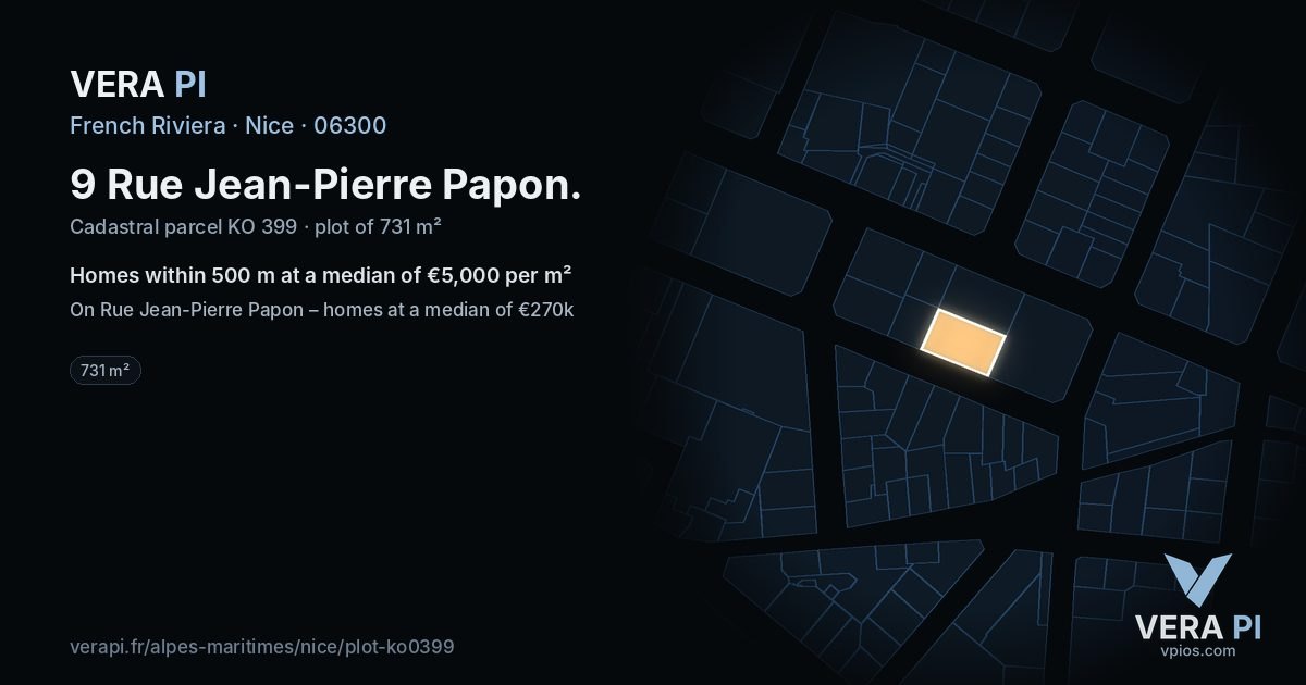 9 Rue Jean-Pierre Papon, Nice at night – the plot lit, the parcels around coloured by the prices near them