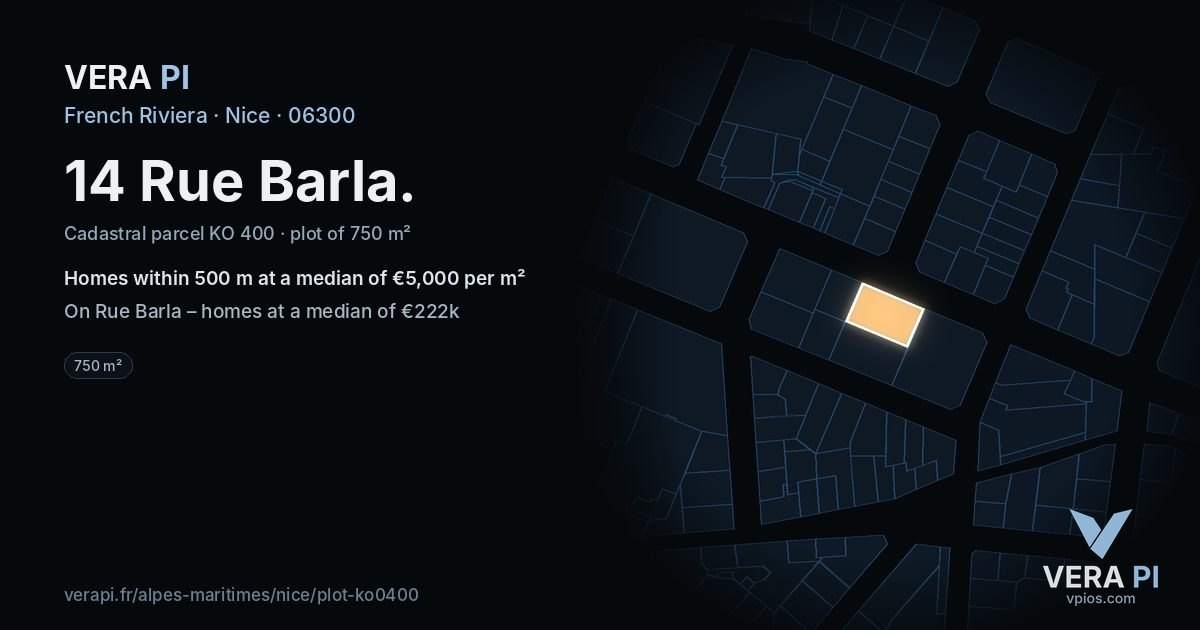 14 Rue Barla, Nice at night – the plot lit, the parcels around coloured by the prices near them