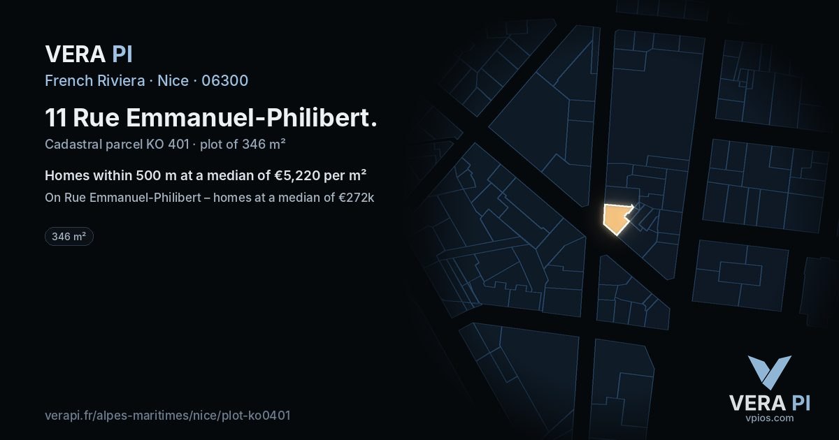 11 Rue Emmanuel-Philibert, Nice at night – the plot lit, the parcels around coloured by the prices near them