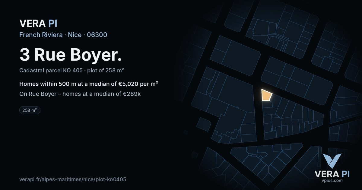3 Rue Boyer, Nice at night – the plot lit, the parcels around coloured by the prices near them