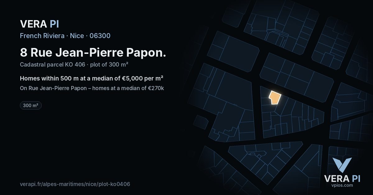 8 Rue Jean-Pierre Papon, Nice at night – the plot lit, the parcels around coloured by the prices near them