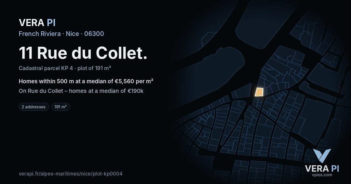 11 Rue du Collet, Nice at night – the plot lit, the parcels around coloured by the prices near them