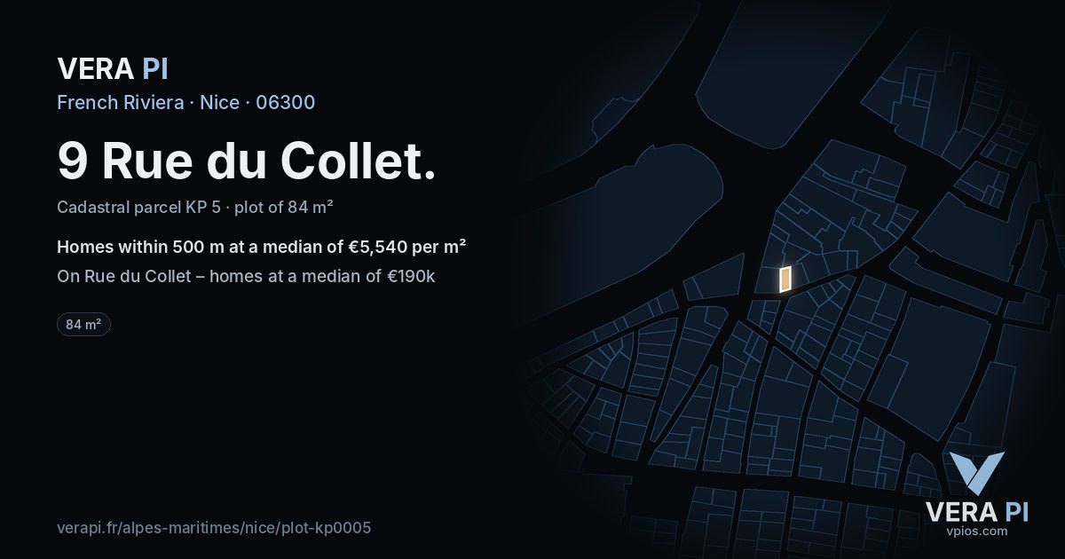 9 Rue du Collet, Nice at night – the plot lit, the parcels around coloured by the prices near them