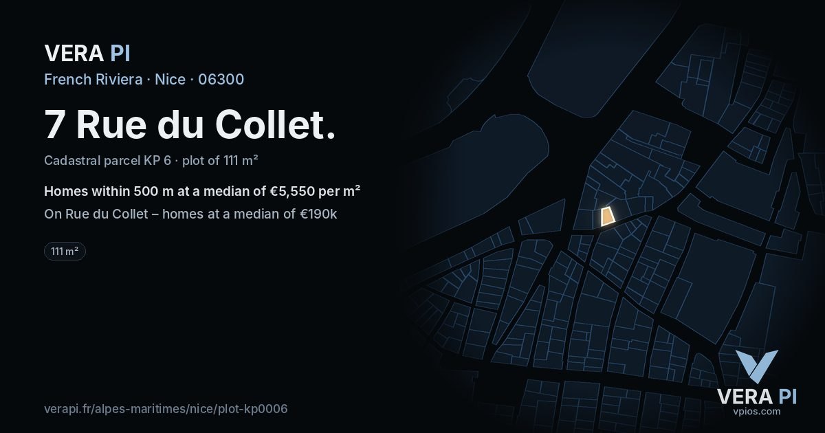 7 Rue du Collet, Nice at night – the plot lit, the parcels around coloured by the prices near them