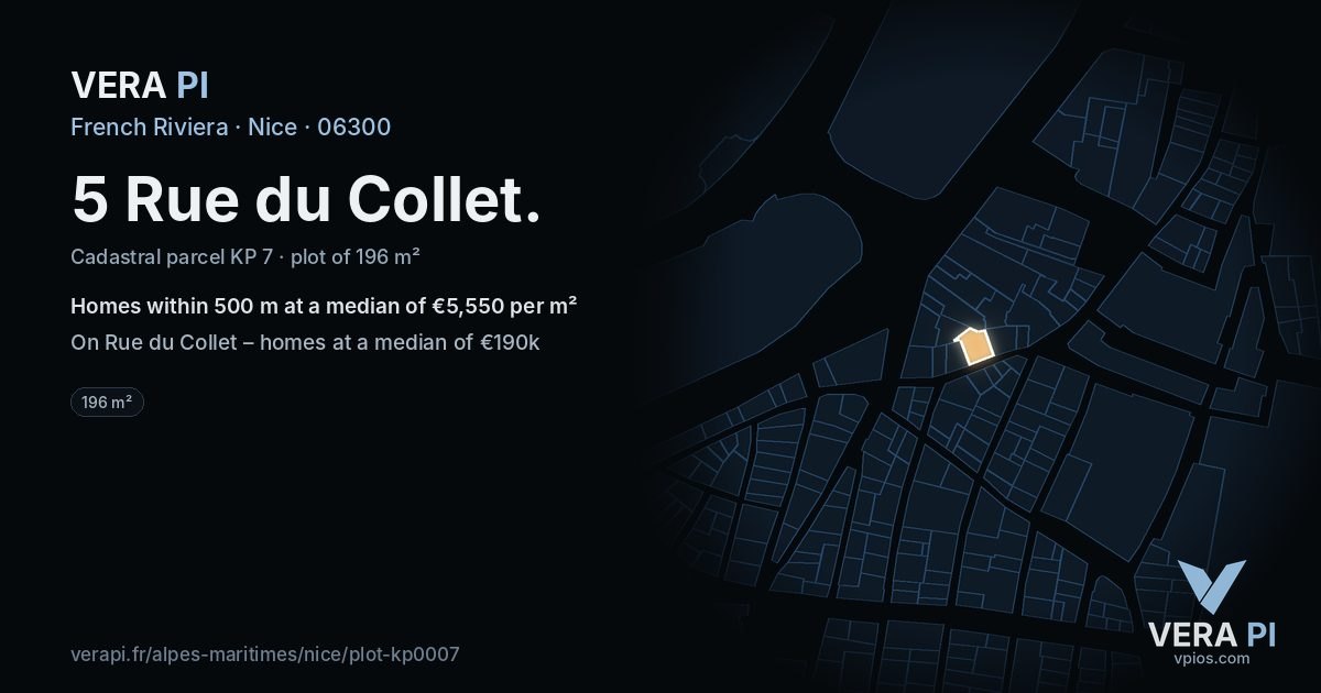 5 Rue du Collet, Nice at night – the plot lit, the parcels around coloured by the prices near them