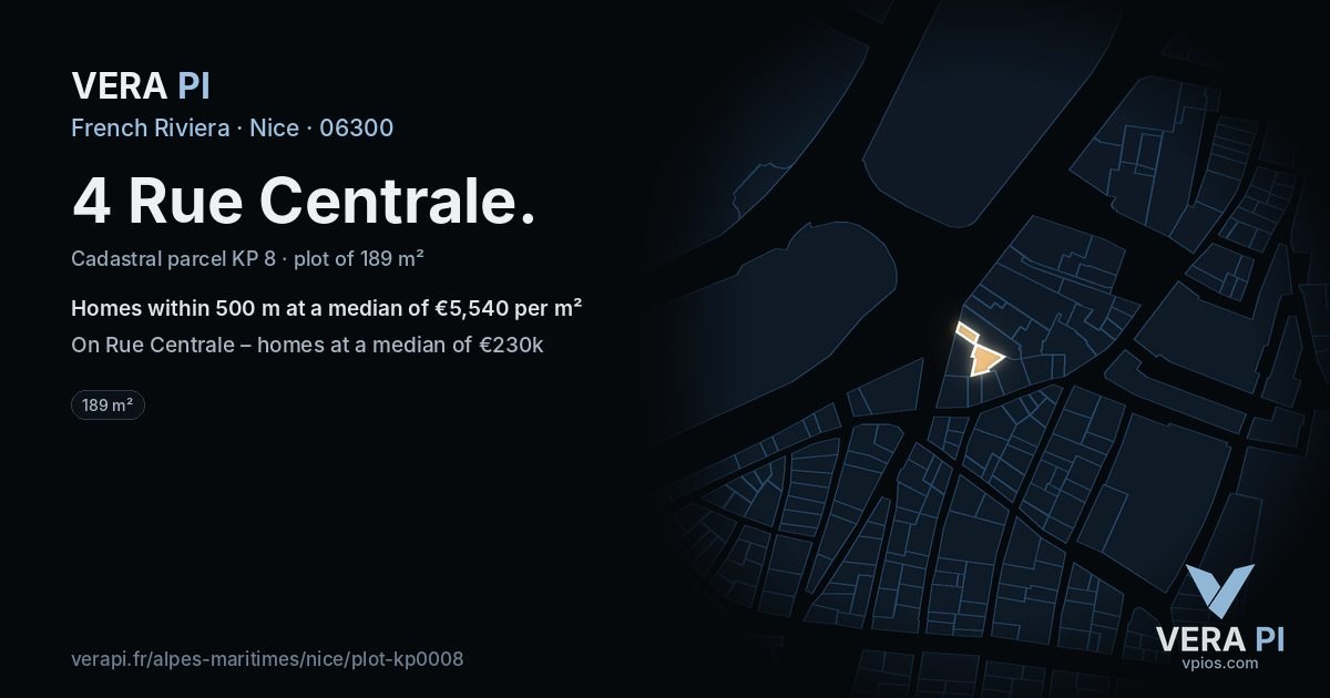 4 Rue Centrale, Nice at night – the plot lit, the parcels around coloured by the prices near them