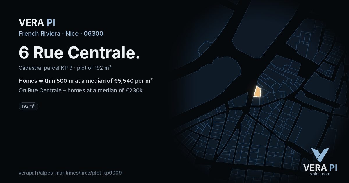 6 Rue Centrale, Nice at night – the plot lit, the parcels around coloured by the prices near them