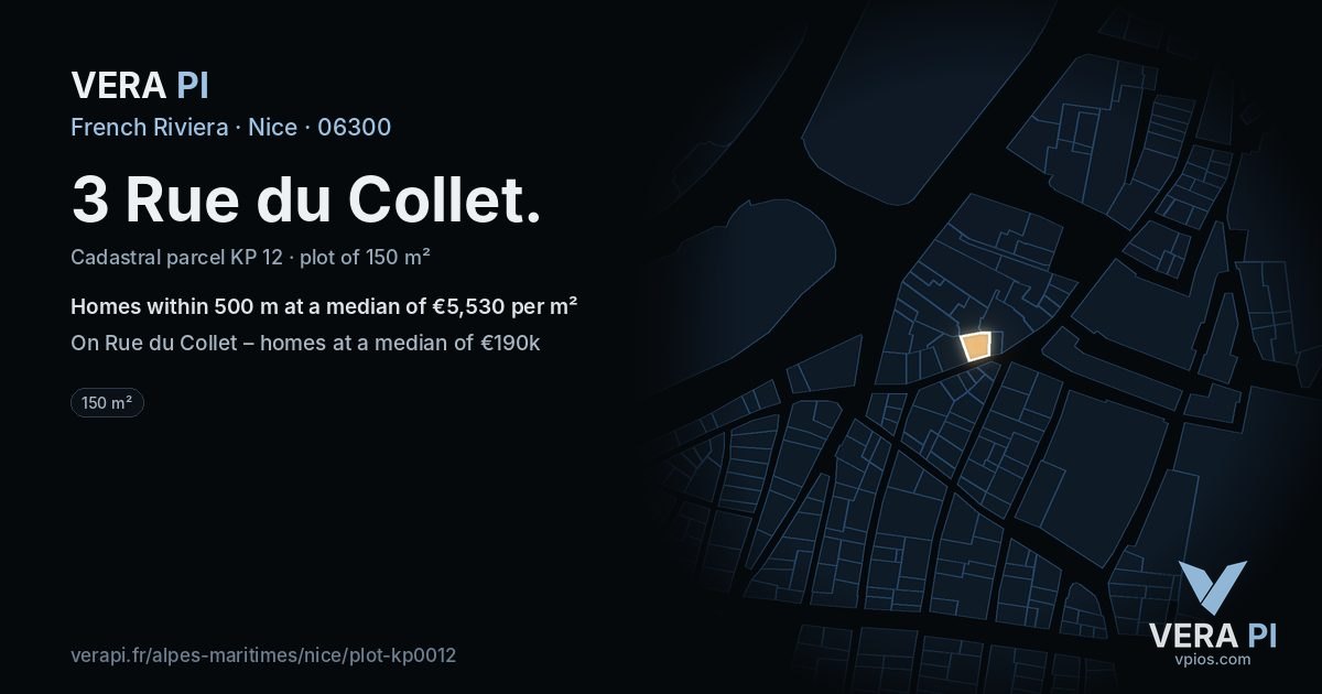 3 Rue du Collet, Nice at night – the plot lit, the parcels around coloured by the prices near them