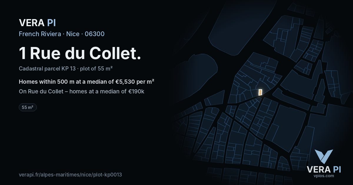 1 Rue du Collet, Nice at night – the plot lit, the parcels around coloured by the prices near them
