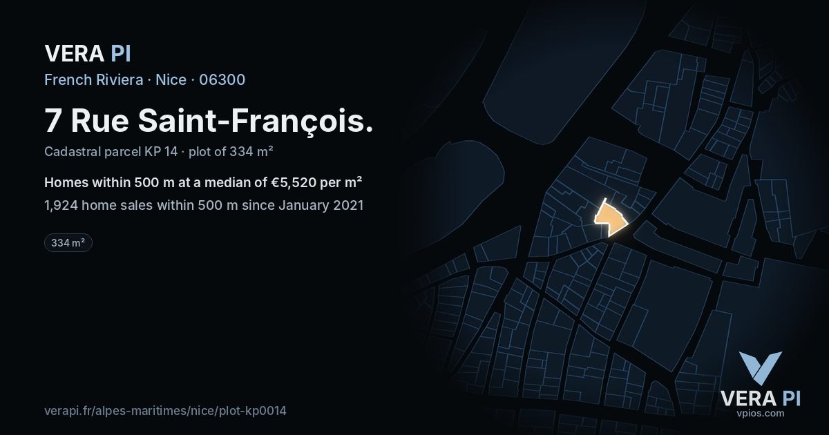 7 Rue Saint-François, Nice at night – the plot lit, the parcels around coloured by the prices near them