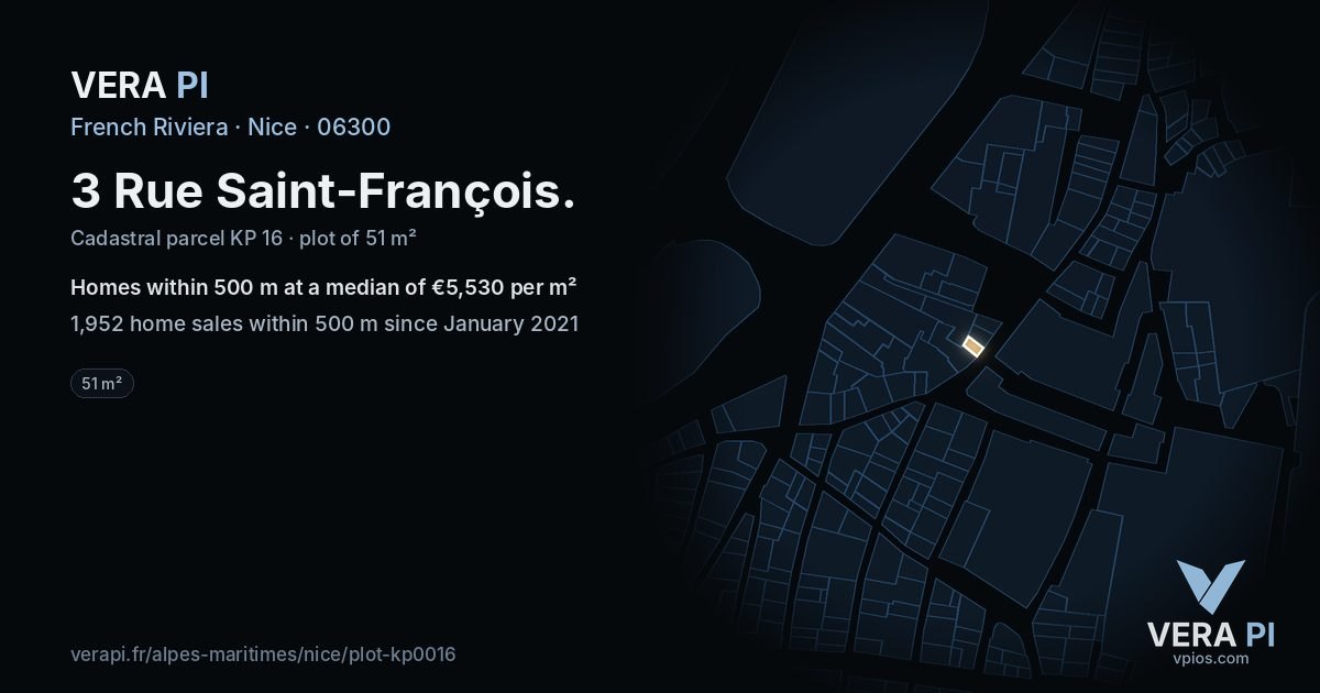 3 Rue Saint-François, Nice at night – the plot lit, the parcels around coloured by the prices near them